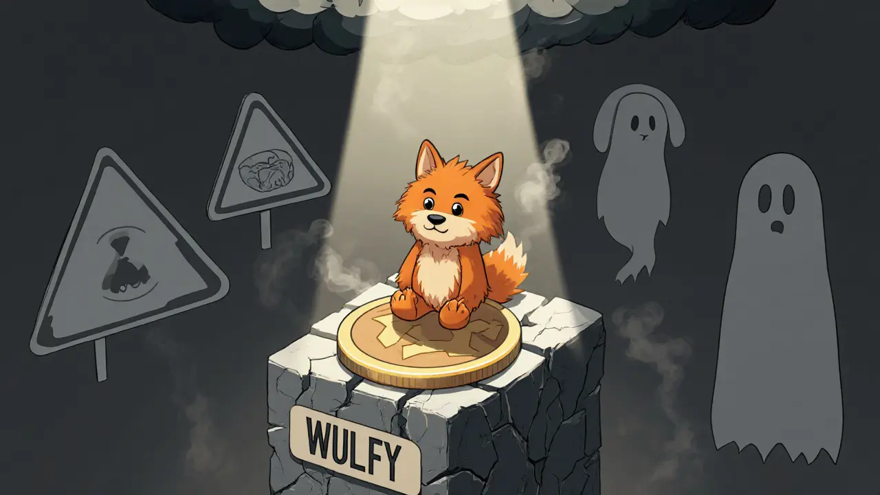 Одинокий токен WULFY на разрушающемся постаменте среди уходящих мем-токенов.