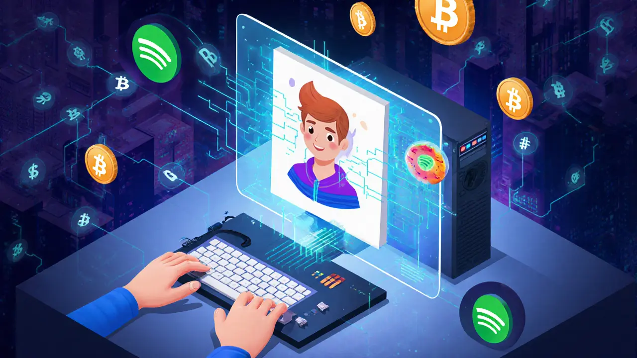 Пользователь генерирует изображение с помощью ИИ, мощность ПК превращается в цифровую живопись, вокруг — токены GHX и цифровые товары.