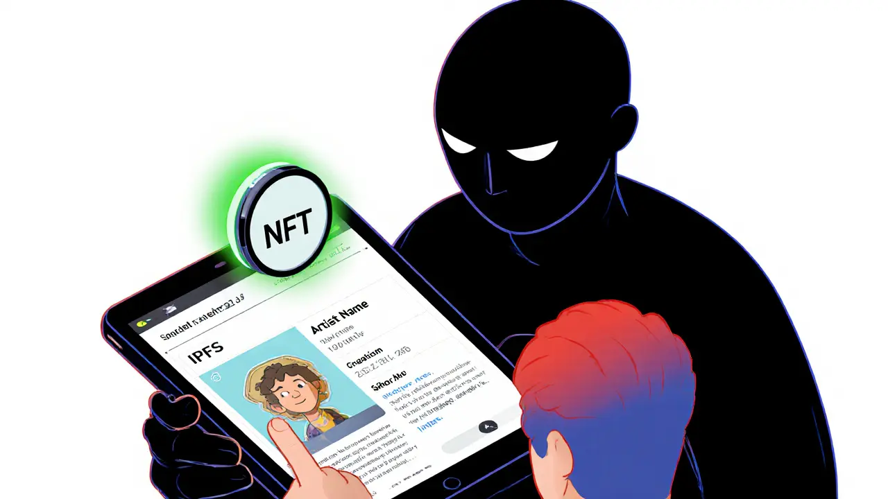 Пользователь проверяет NFT через лупу, показывая метаданные, а поддельный NFT мерцает красным позади.