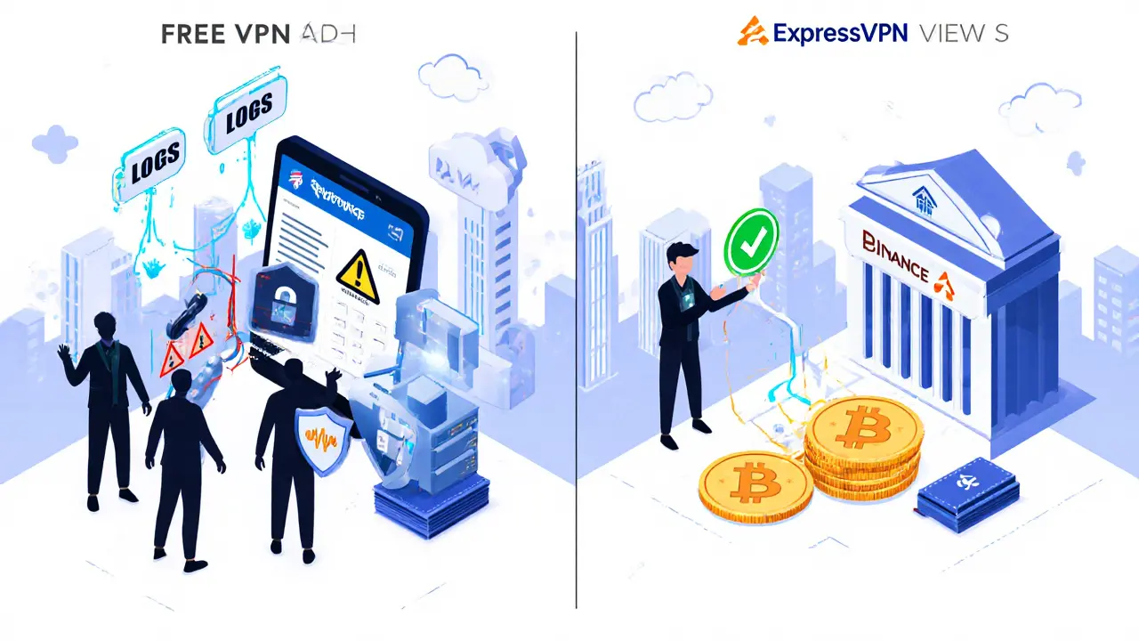 Сравнение безопасного и опасного использования VPN для криптотрейдинга в изометрическом стиле.