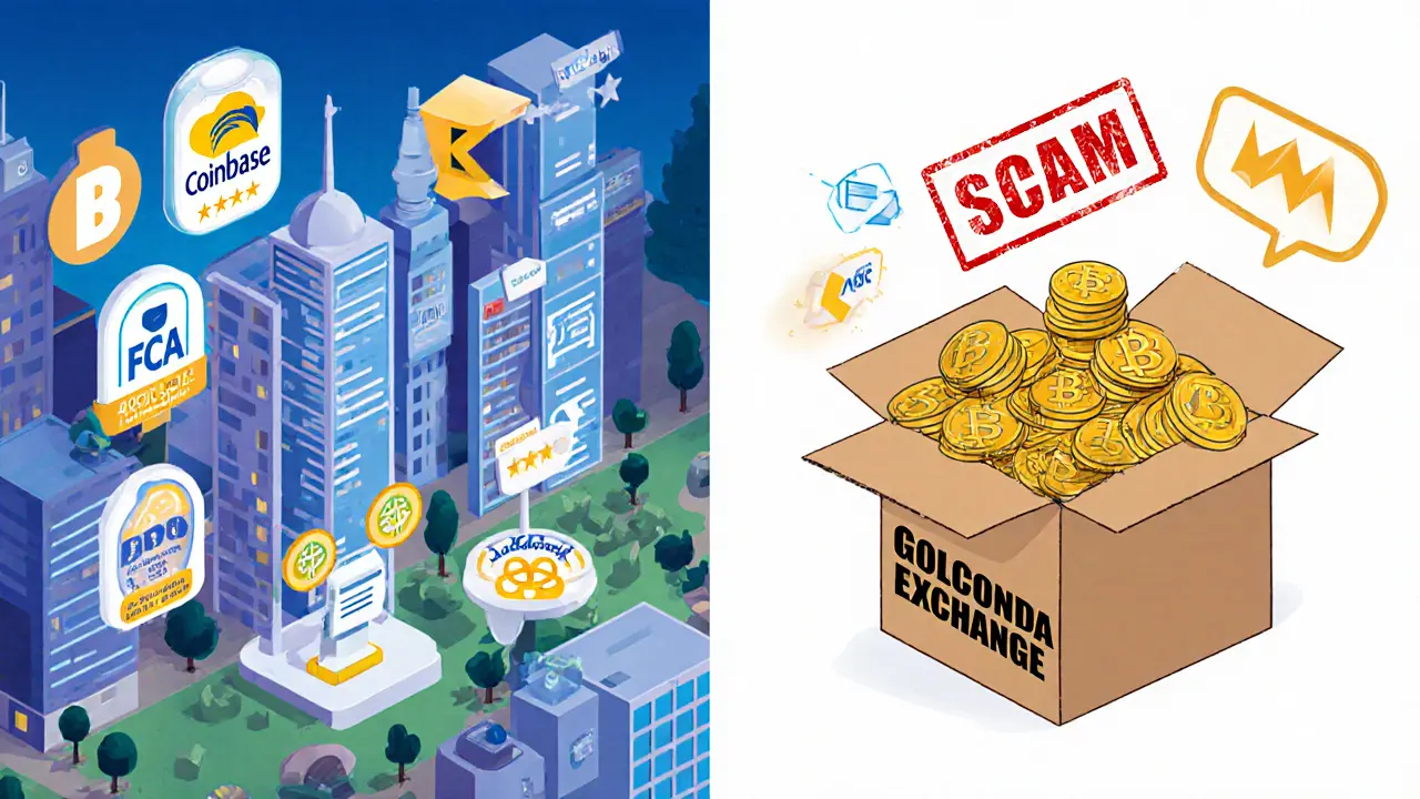 Сравнение: надежные биржи с сертификатами и отзывами слева, а справа — рушащаяся коробка с надписью &#039;Scam&#039;.