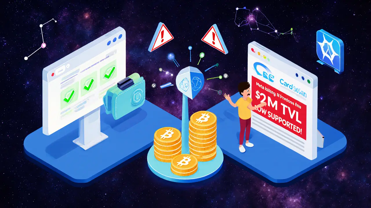 Сравнение: пользователь успешно подключает кошелек Nami к AstroSwap, другой пытается подключить MetaMask — с предупреждениями о рисках.