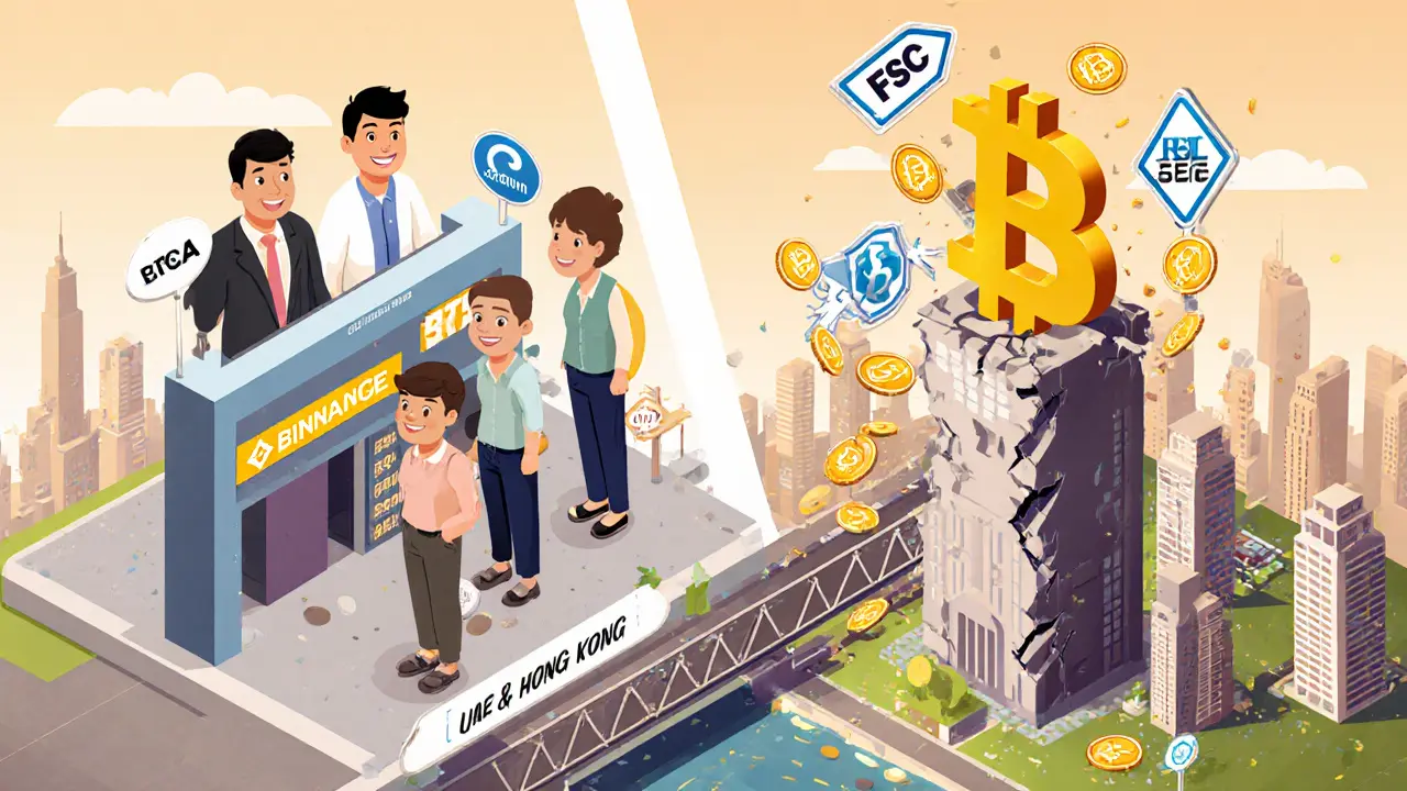 Сравнение: пользователи на легальных локальных биржах vs. падающая Binance с мостом через ОАЭ и Гонконг.