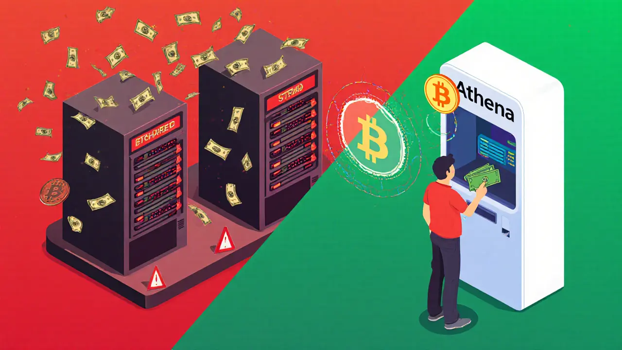 Сравнение: слева — уязвимый сервер биржи, справа — безопасный киоск Athena Bitcoin с прямым переводом биткоинов.