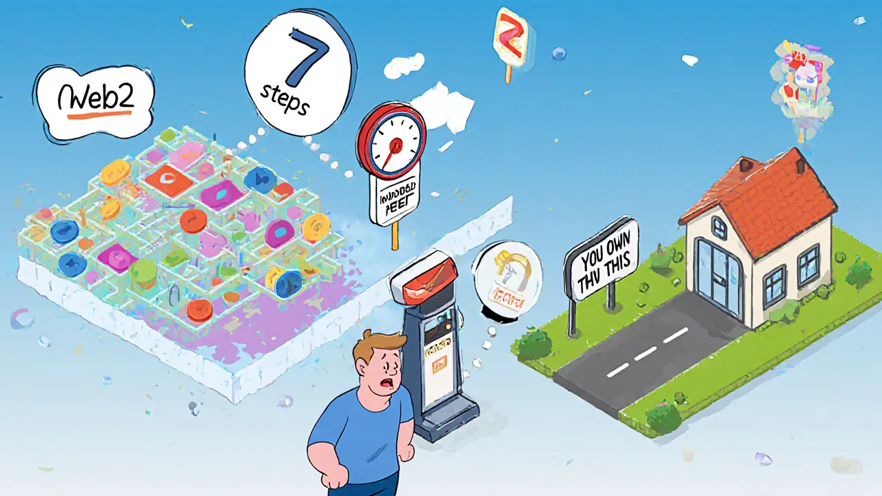 Сравнение сложного пути Web3 и простого, но ограниченного пути Web2 в изометрическом стиле.