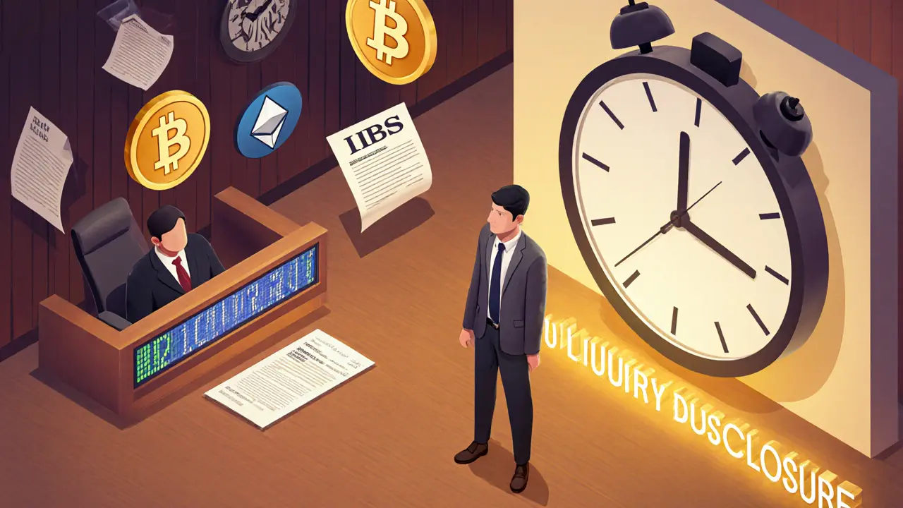 Судебный зал с криптовалютными символами и часами, указывающими на срок добровольного раскрытия.