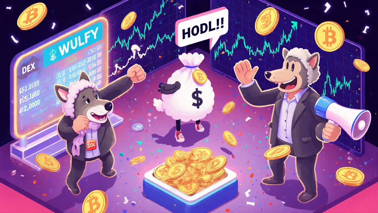 Торговцы в костюмах волков и овец спешат купить токены WULFY на цифровой бирже.