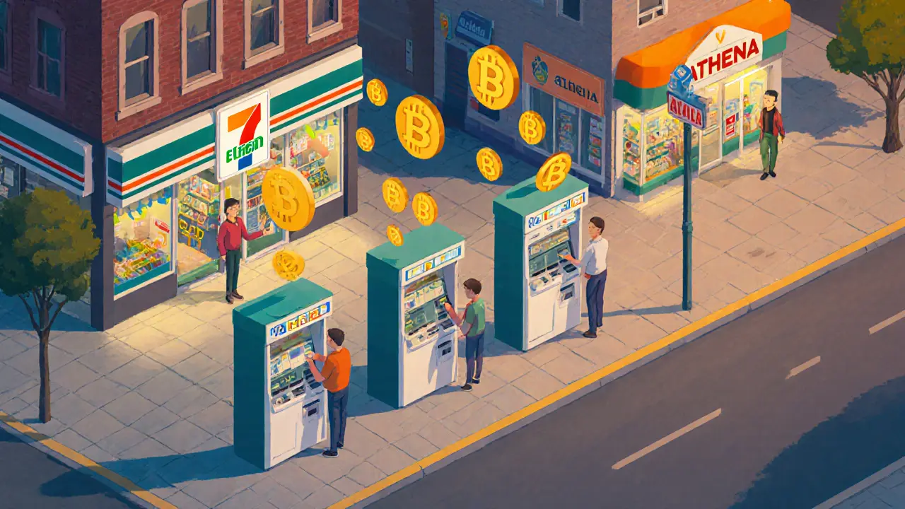 Три киоска Athena Bitcoin в разных местах города: в магазине, аптеке и пункте обналичивания.