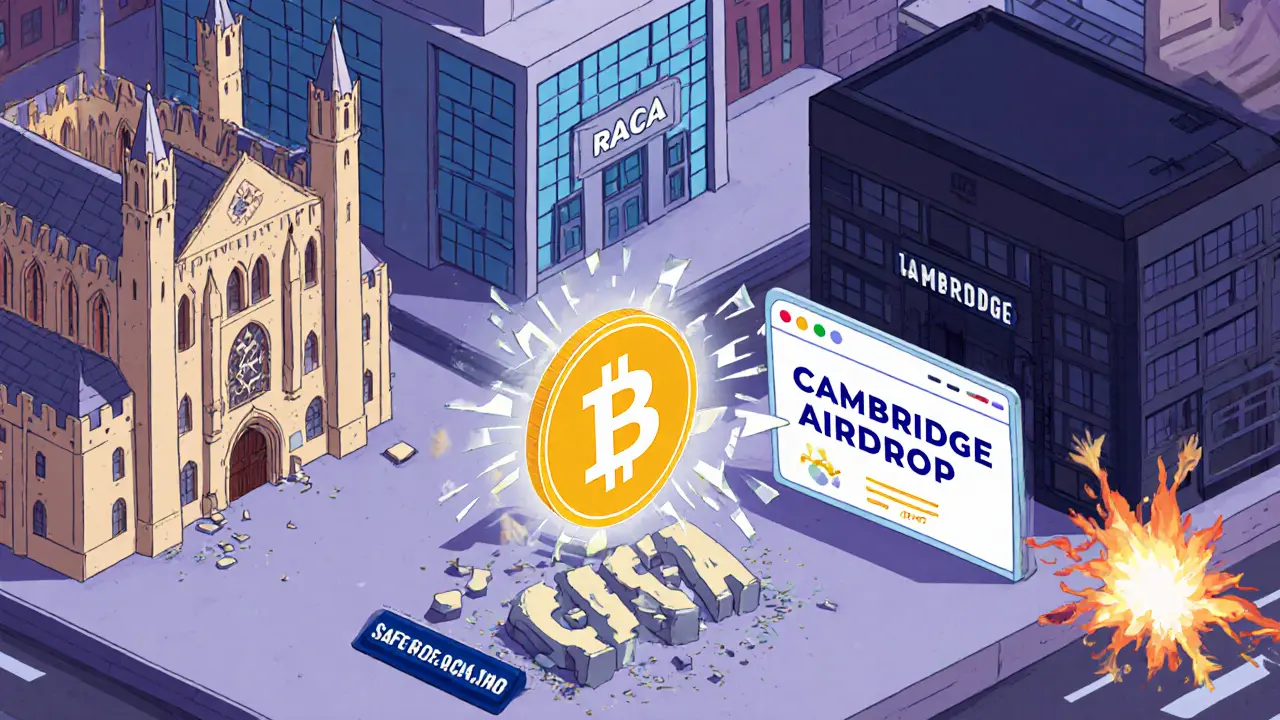 Три версии &#039;Кембриджа&#039; в мультяшном городе, рядом разбитый знак фейкового аирдропа.