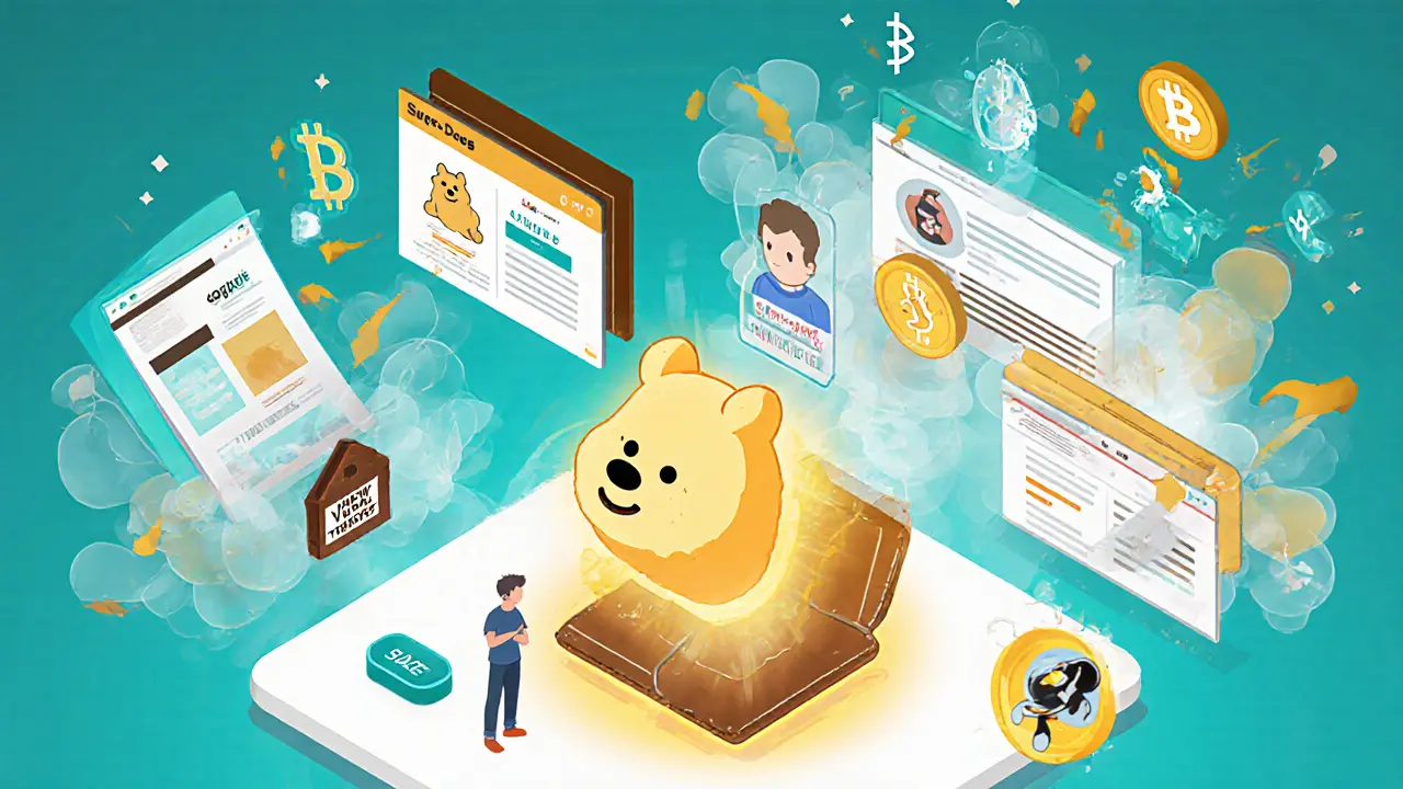 Безопасный кошелёк DOGE с настоящими аирдропами и проверенными источниками на изометрической сцене.