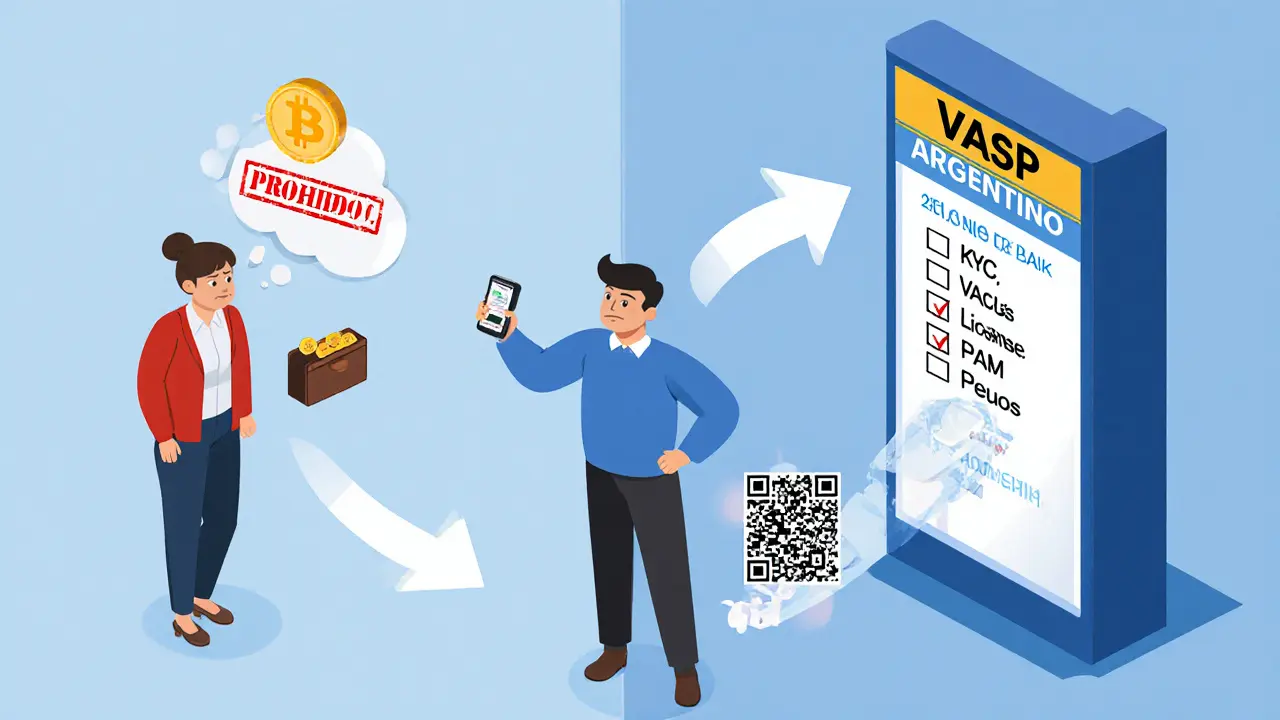 Человек между банком, отказывающим в криптовалюте, и лицензированным VASP-терминалом с двухэтапным обменом.
