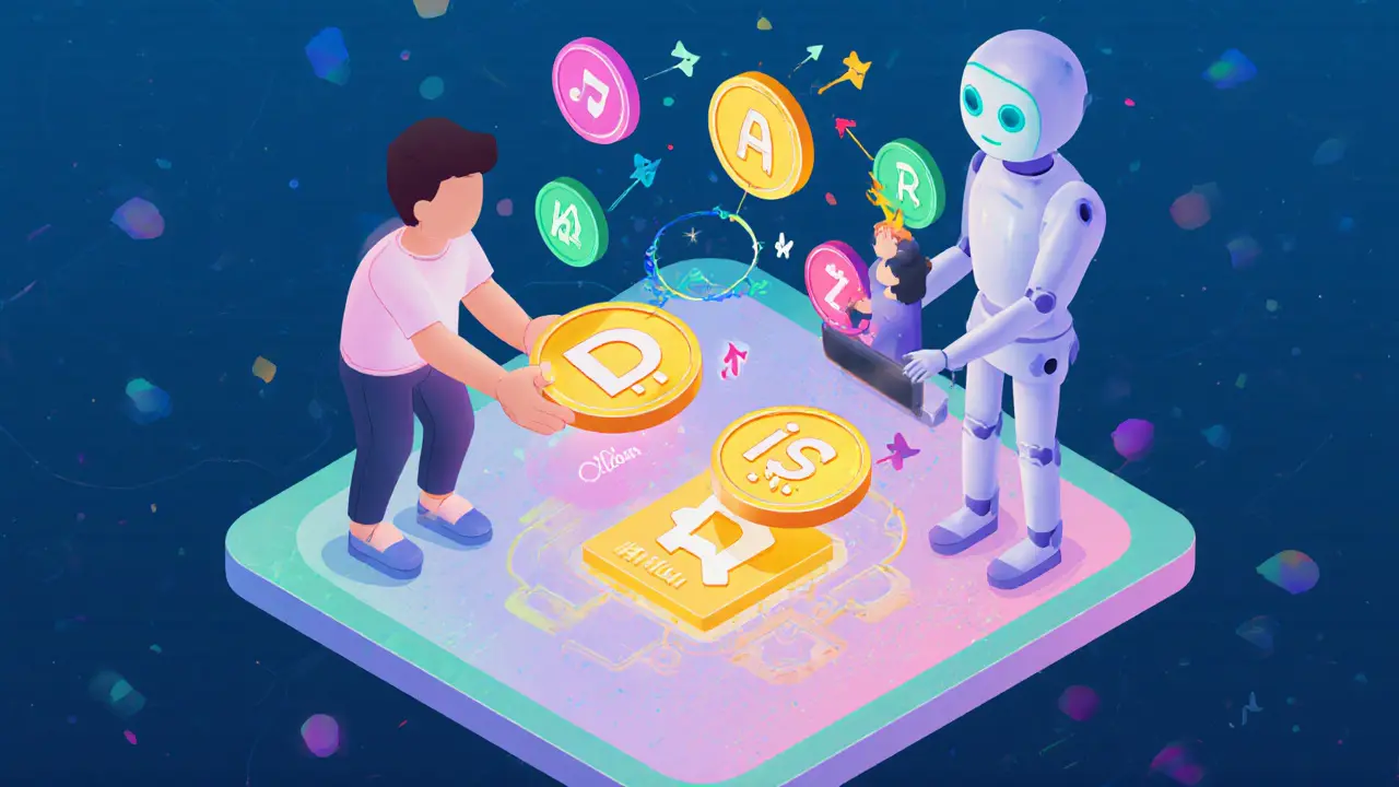 Цифровой рынок, где люди обменивают персональные данные на токены ITHEUM, а блокчейн Solana светится под ногами.