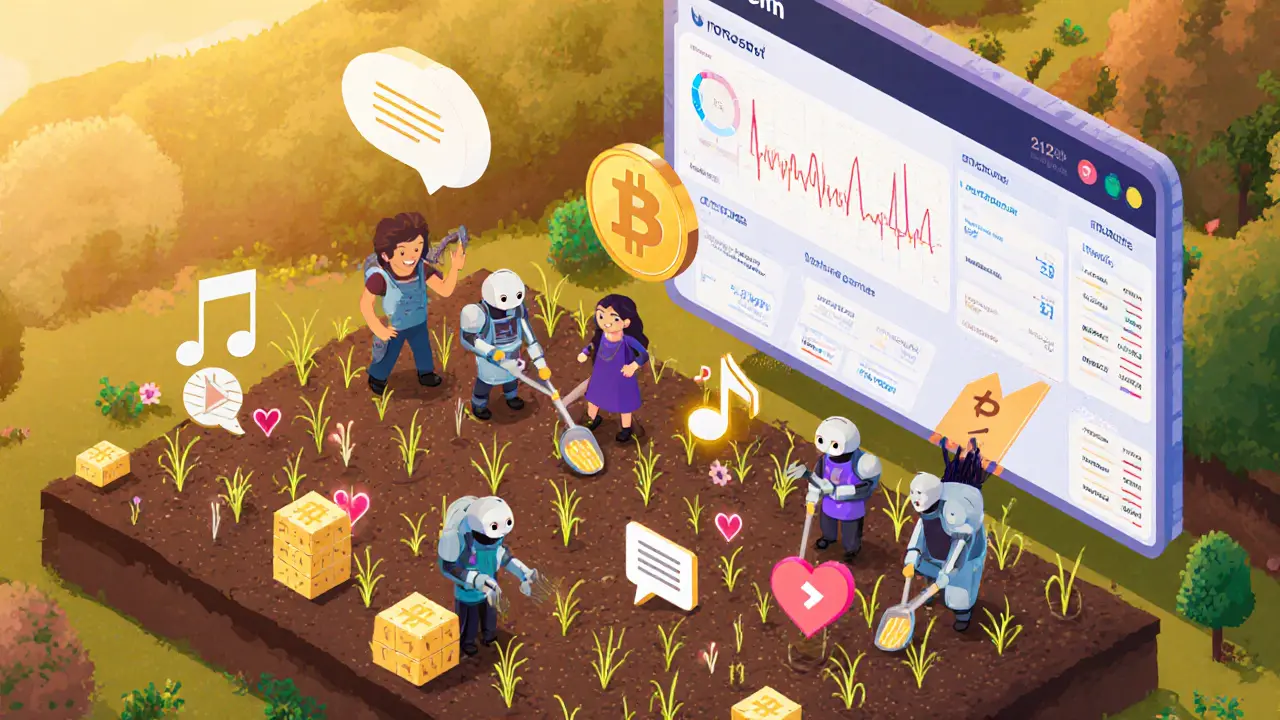 Ферма данных: люди ухаживают за растущими Data NFT, роботы собирают урожай, а на небе — панель с заработком в ITHEUM.