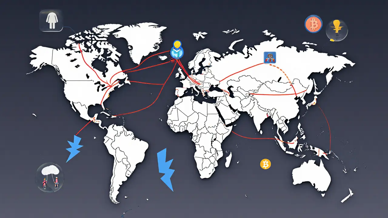 Глобальная карта с путями фиатных и криптовалютных переводов, выделяющими разницу в скорости и использовании.