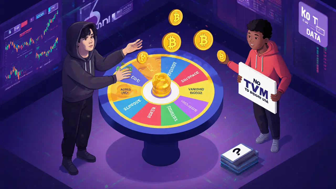 Игровой стол с риском 4x доходности, где трейдеры ставят криптовалюты, а рядом стоит знак &#039;Нет данных о TVL&#039;.