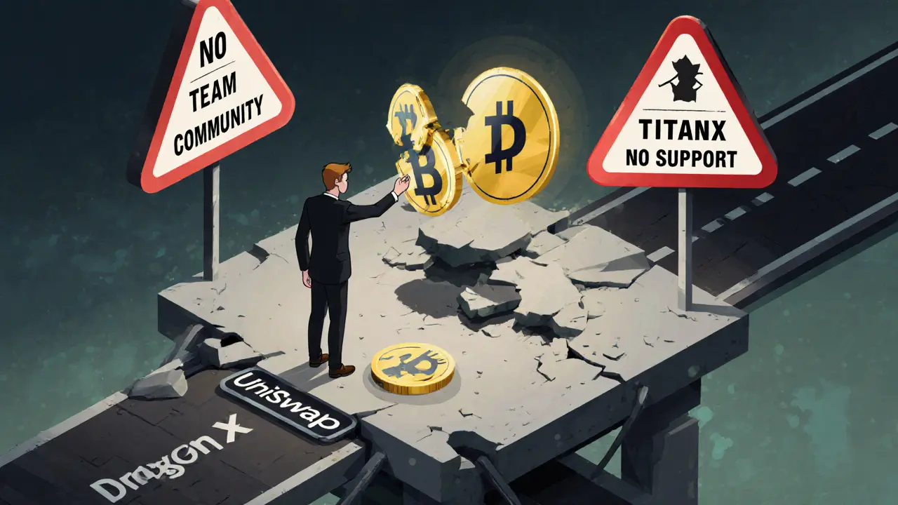 Инвестор на неустойчивой платформе, окруженный предупреждениями о отсутствии команды и поддержки.