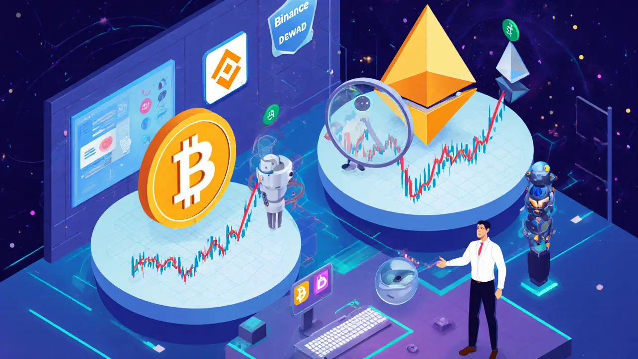 Изометрическая иллюстрация AI-контрольной комнаты для спотовой торговли криптовалютами.