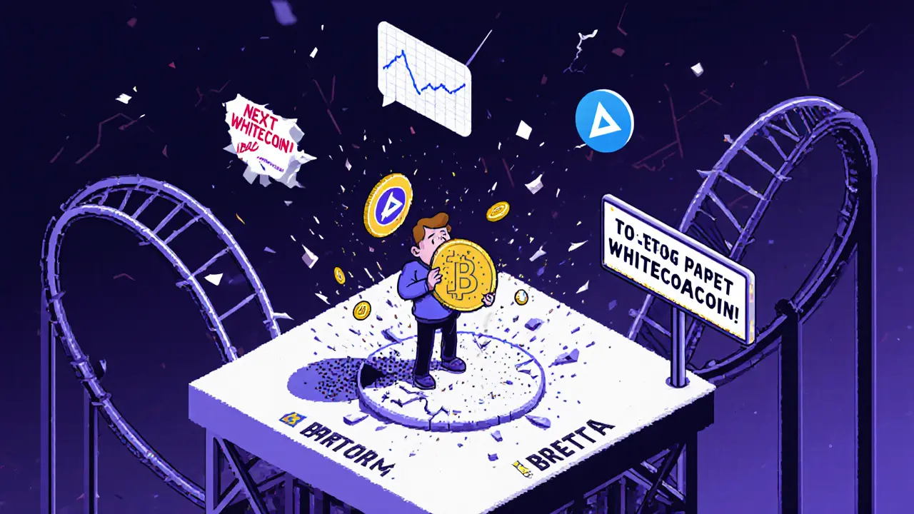 Изометрическая иллюстрация: инвестор пытается продать токен BRETTA, который рассыпается в пыль, вокруг — резкие графики и фейковые баннеры.