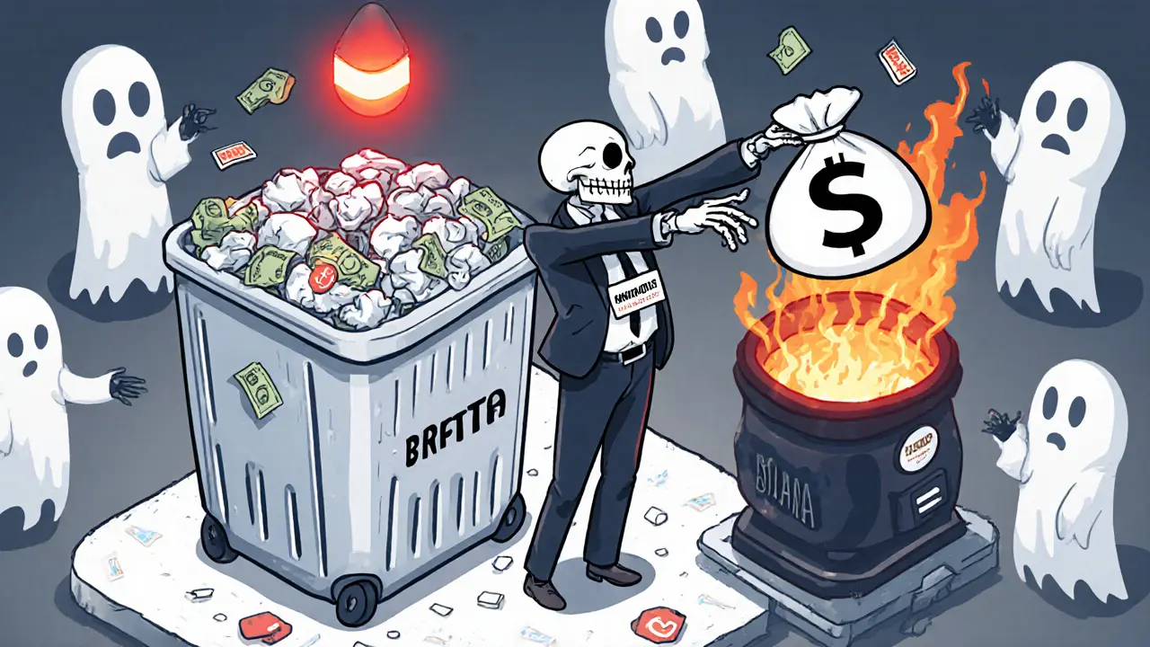 Изометрическая иллюстрация: мусорный бак BRETTA переполнен разбитыми мечтами, а анонимный разработчик сжигает деньги в блокчейне.