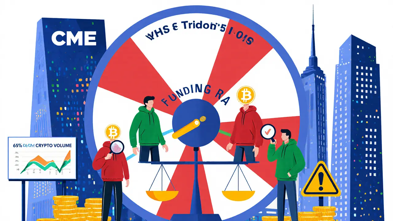 Изометрическая иллюстрация перпетуалов с платформой Funding Rate, где длинные и короткие позиции обмениваются платежами под наблюдением реальной цены биткоина.