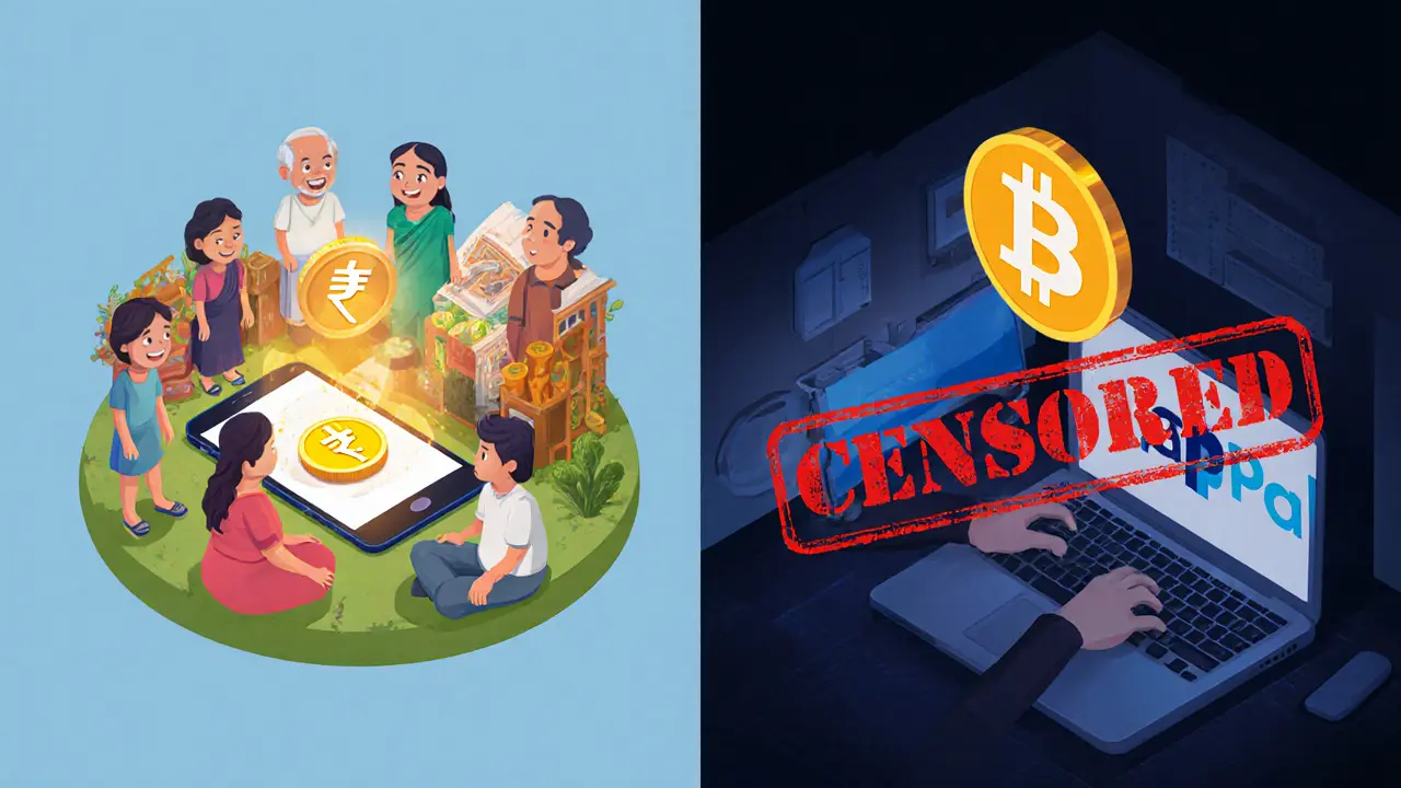 Изометрическая иллюстрация: сельский получатель пенсии в Индии и активист с биткоином в России — два пути цифровых финансов.