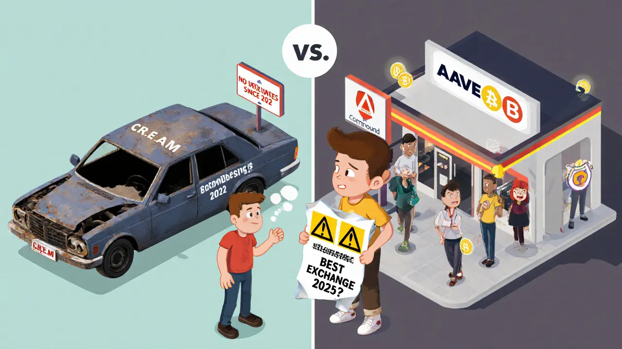 Изометрическая иллюстрация: старый автомобиль C.R.E.A.M. против современного сервиса Aave/Compound, новичок с фейковым плакатом.