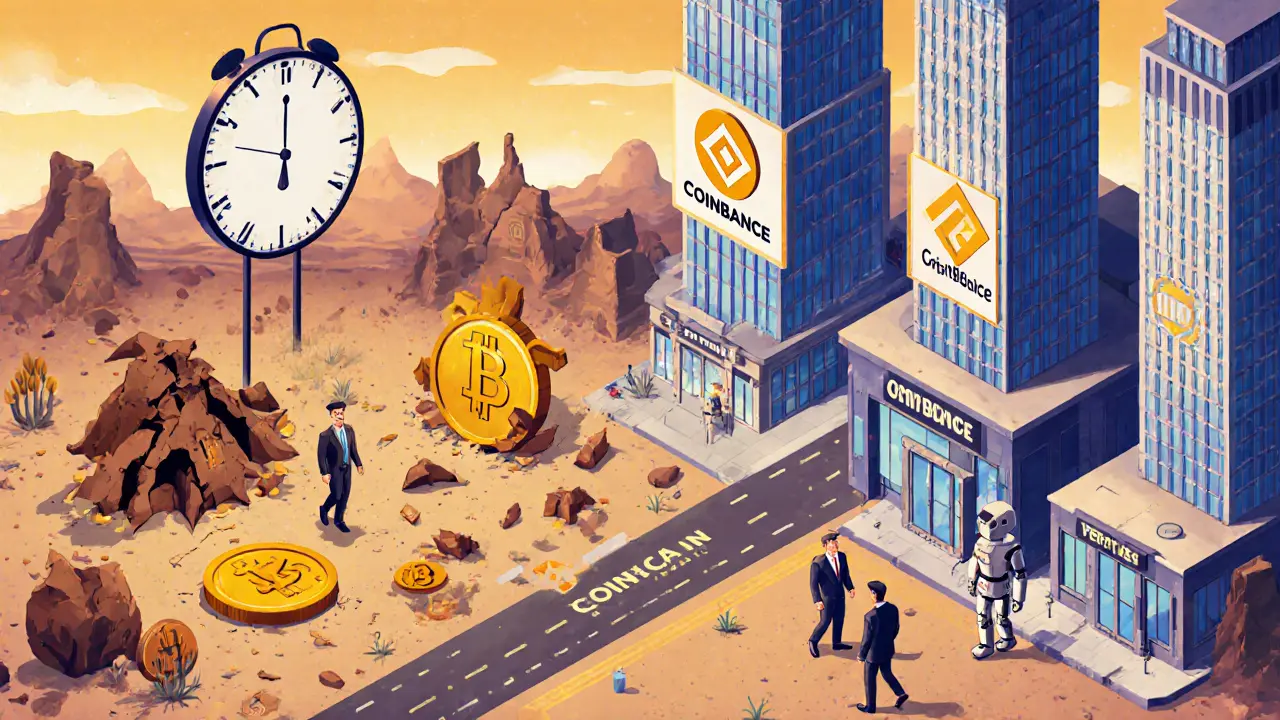 Изометрическая иллюстрация трансформации крипторынка от дикого запада к регулируемой финансовой системе с слиянием Coinbase и Deribit.