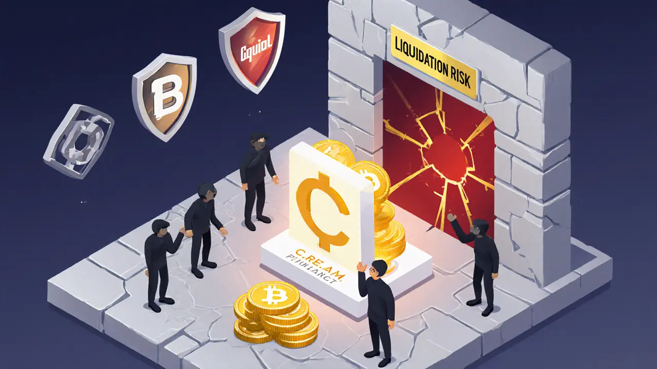 Изометрическая иллюстрация: вклад USDC в C.R.E.A.M. Finance с риском ликвидации и тремя оракулами, один из которых мигает.