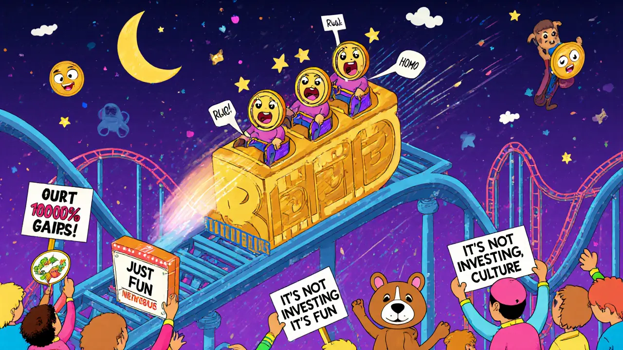 Изометрическая карнавальная карусель в форме блокчейна, где люди на мемкоинах катаются, а вокруг — знаки FOMO и Rug Pull.