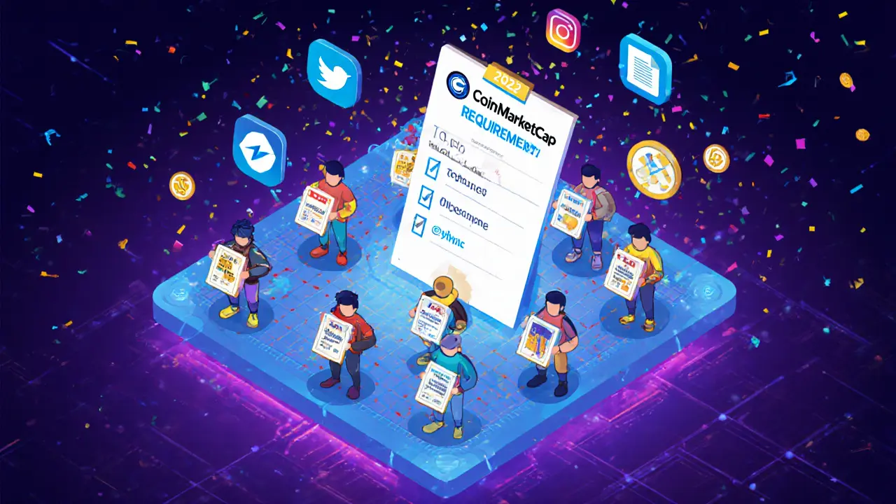 Изометрическая сцена аирдропа TopGoal 2022 года: 10 000 участников получают редкие NFT-карточки под логотипом CoinMarketCap.