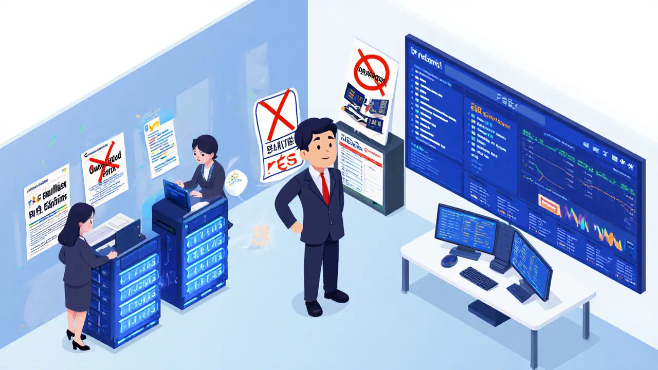 Изометрическая сцена: офис криптобиржи с холодными кошельками, проверкой рекламы и мониторингом транзакций в реальном времени.