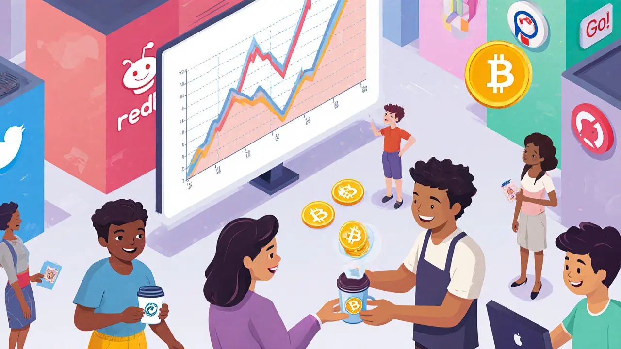 Изометрическая сцена онлайн-сообщества: люди обмениваются мемкоинами, бариста подаёт кофе с логотипом DOGE.