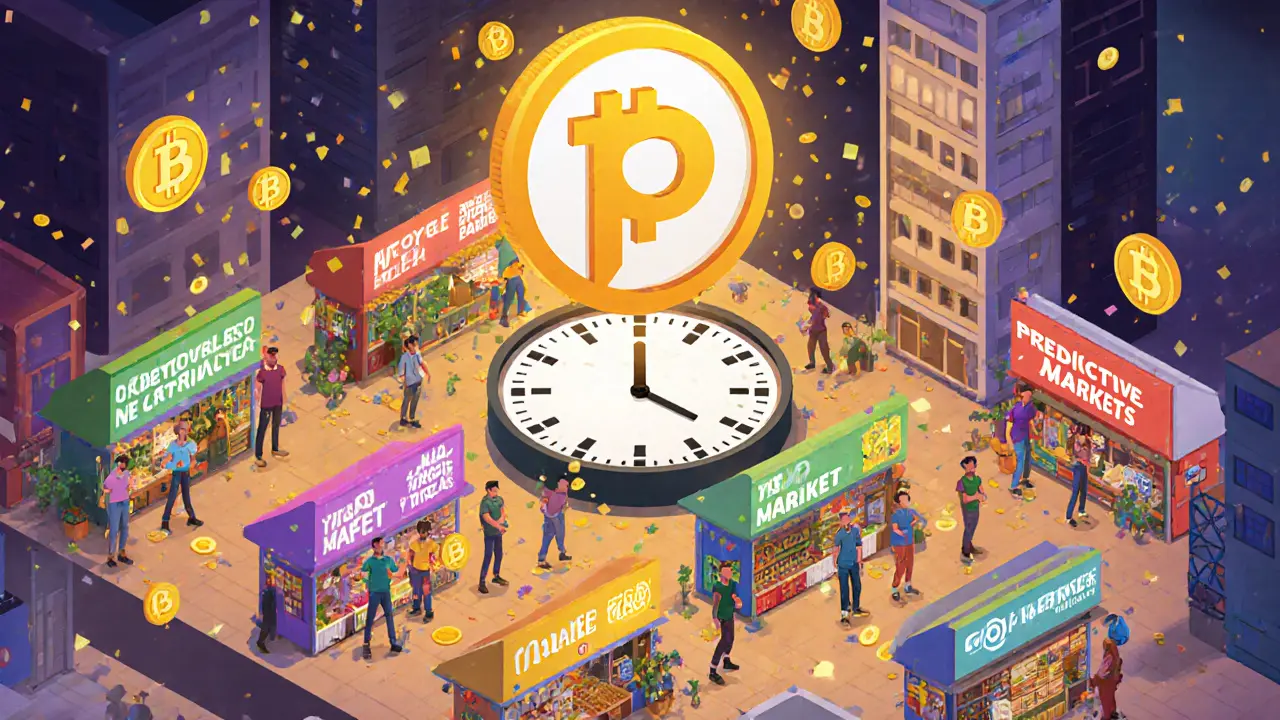 Изометрический город DeFi с пользователями, торгующими токенами на платформе PancakeSwap.