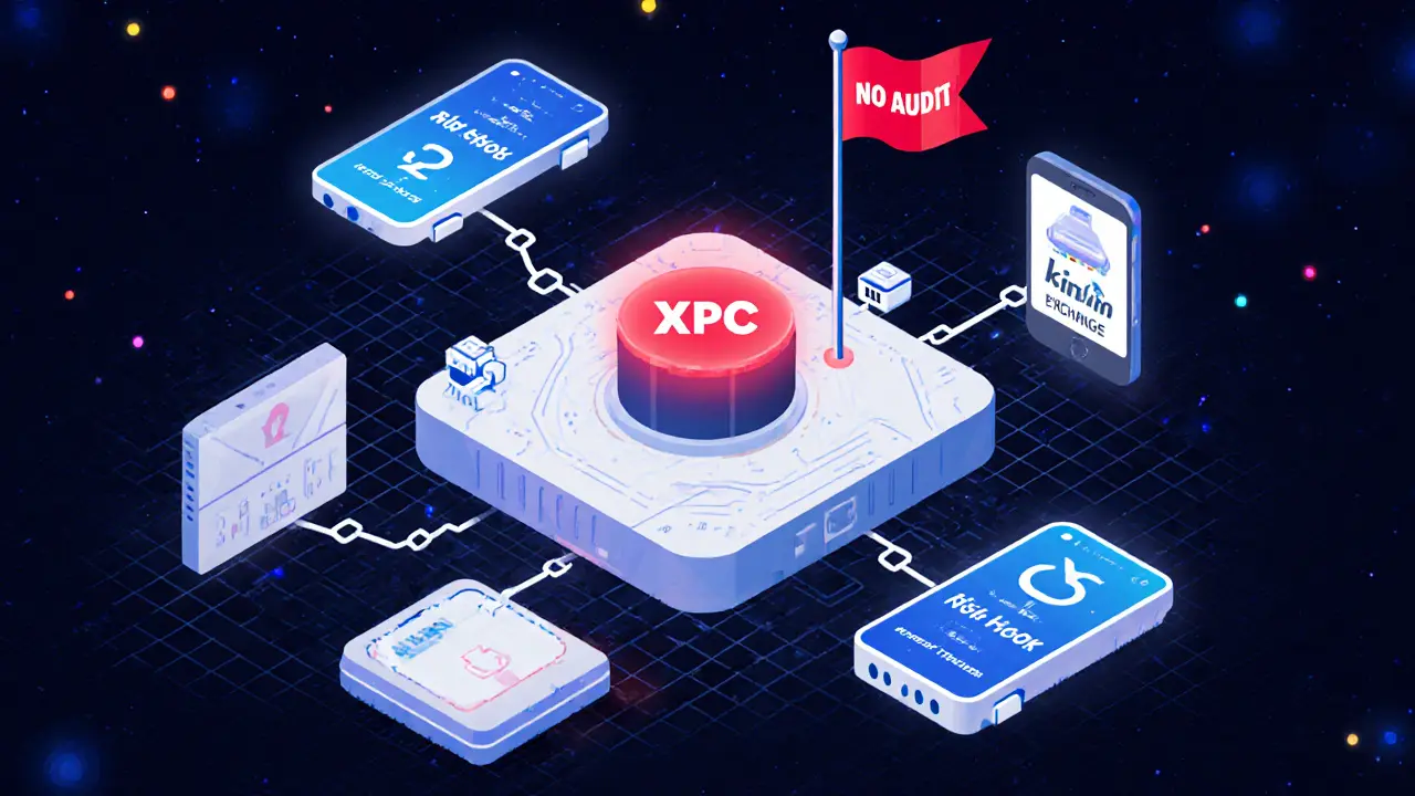 Модульная архитектура Kim Exchange с плагинами, MPC-ядром и предупреждением &#039;Нет аудита&#039; в изометрическом стиле.