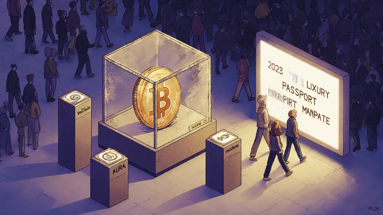 Музейная витрина с токеном LUXO как артефактом, вокруг — активные конкуренты и надпись о новых правилах 2027 года.