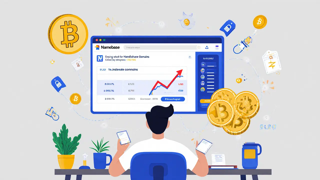 Пользователь на компьютере участвует в аукционе доменов Handshake на платформе Namebase.