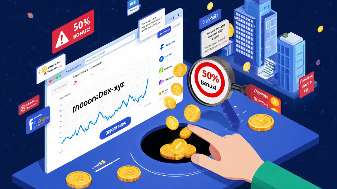 Пользователь отправляет криптовалюту в чёрную дыру под названием MoonDex, вокруг — ложные отзывы и предупреждения.