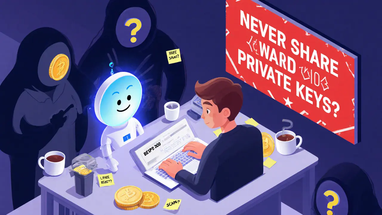 Пользователь взаимодействует с ботом в Telegram, предупреждение о приватных ключах на фоне.