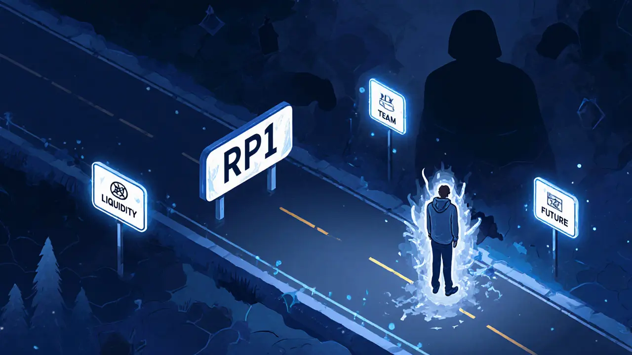 Пустая блокчейн-дорога с табличкой RP1 и испуганный инвестор.