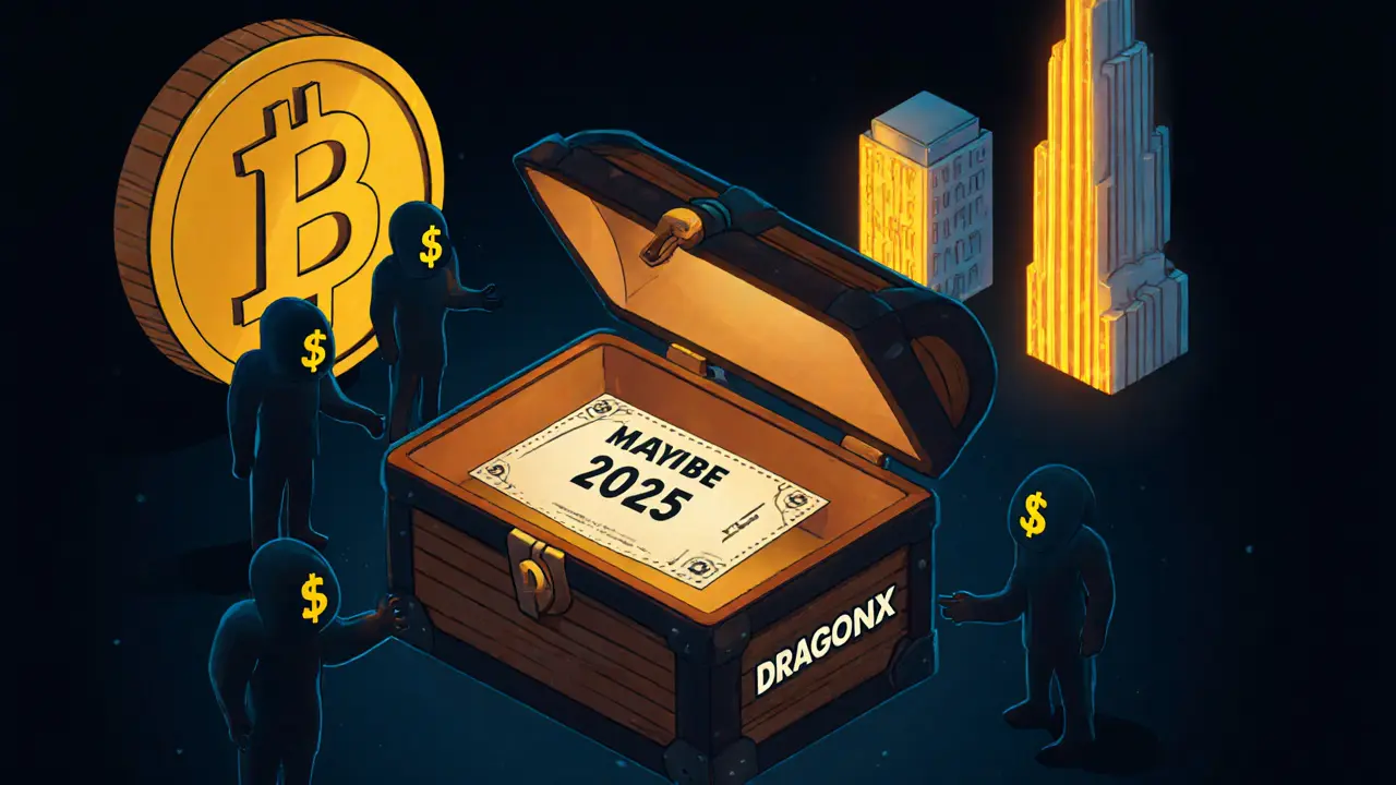 Пустой сундук с лотерейным билетом внутри, рядом — светящиеся криптовалюты, а тени тянутся к пустоте.