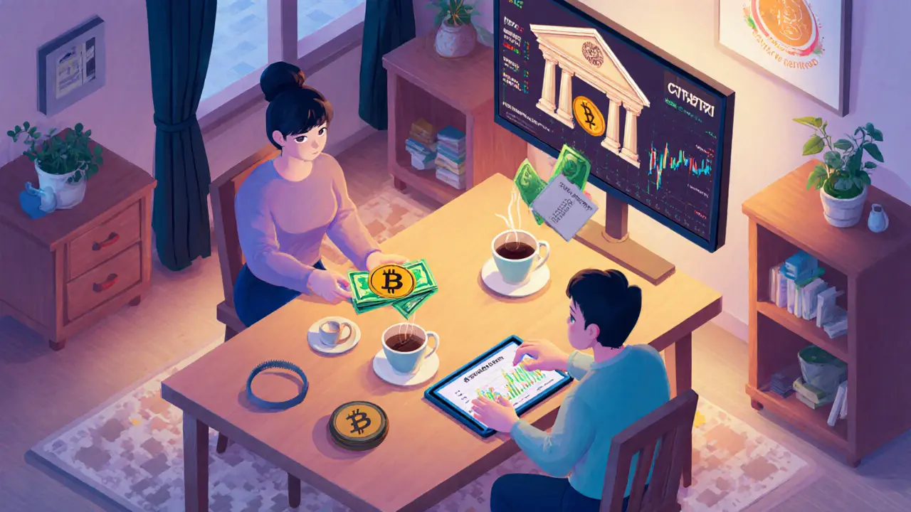 Семья за столом: одна платит наличными, другая — криптовалютой, третья смотрит на новости о ценах.