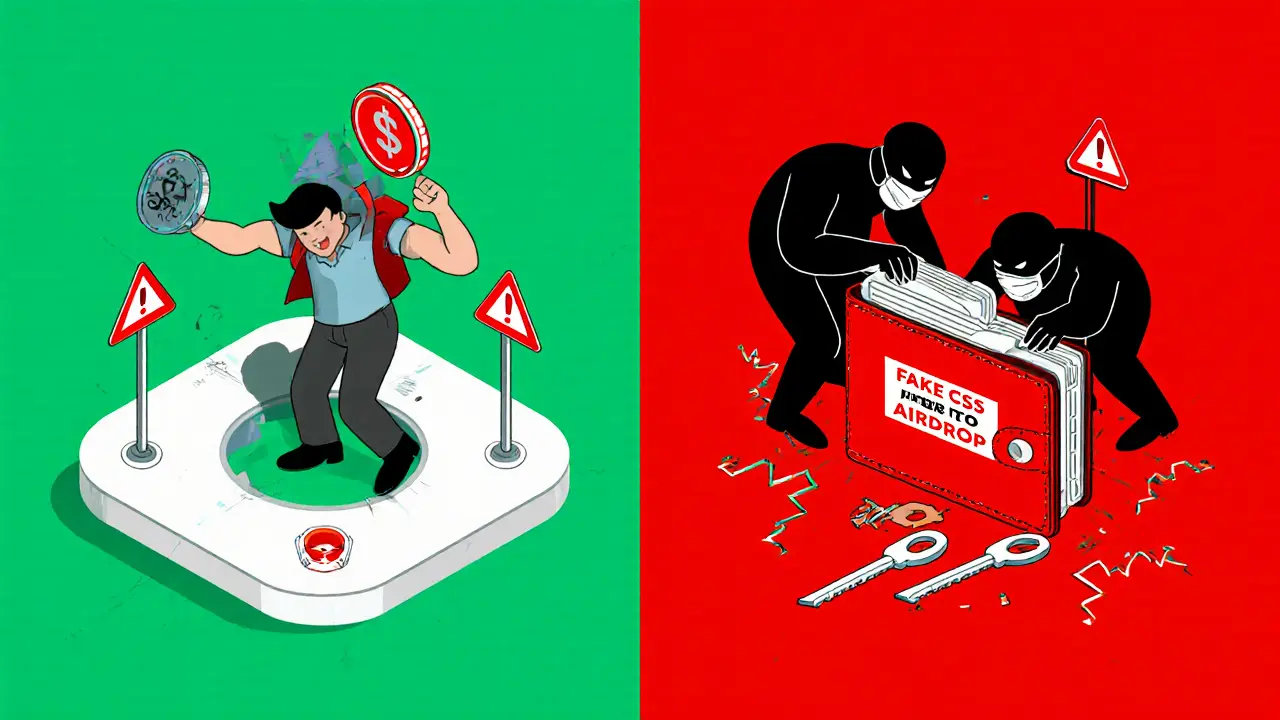 Сравнение легитимного фарминга и мошенничества: безопасный заработок CSS против попыток кражи ключей.