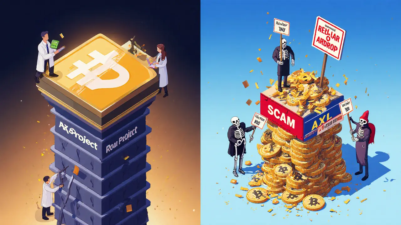 Сравнение настоящего блокчейн-проекта и фейкового AXL INU в виде двух противоположных башен.