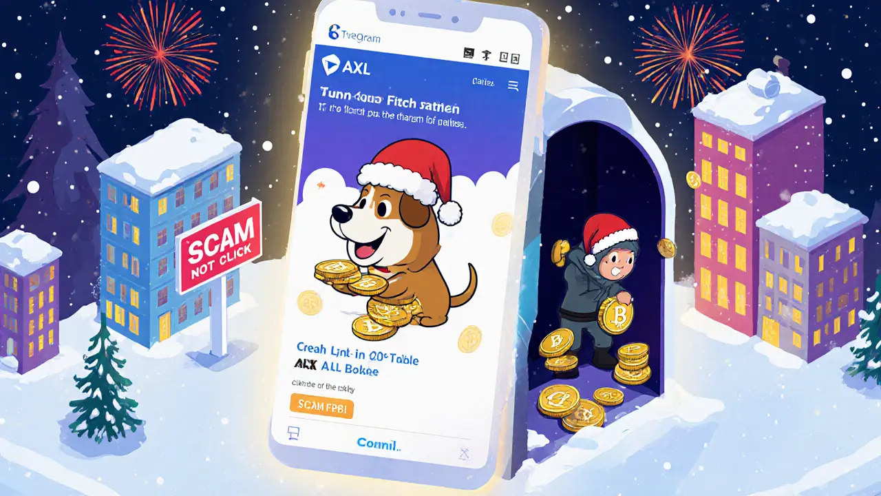 Telegram-реклама с обманчивым подарком токенов, за которой скрывается кибер-разбойник в костюме Санты.