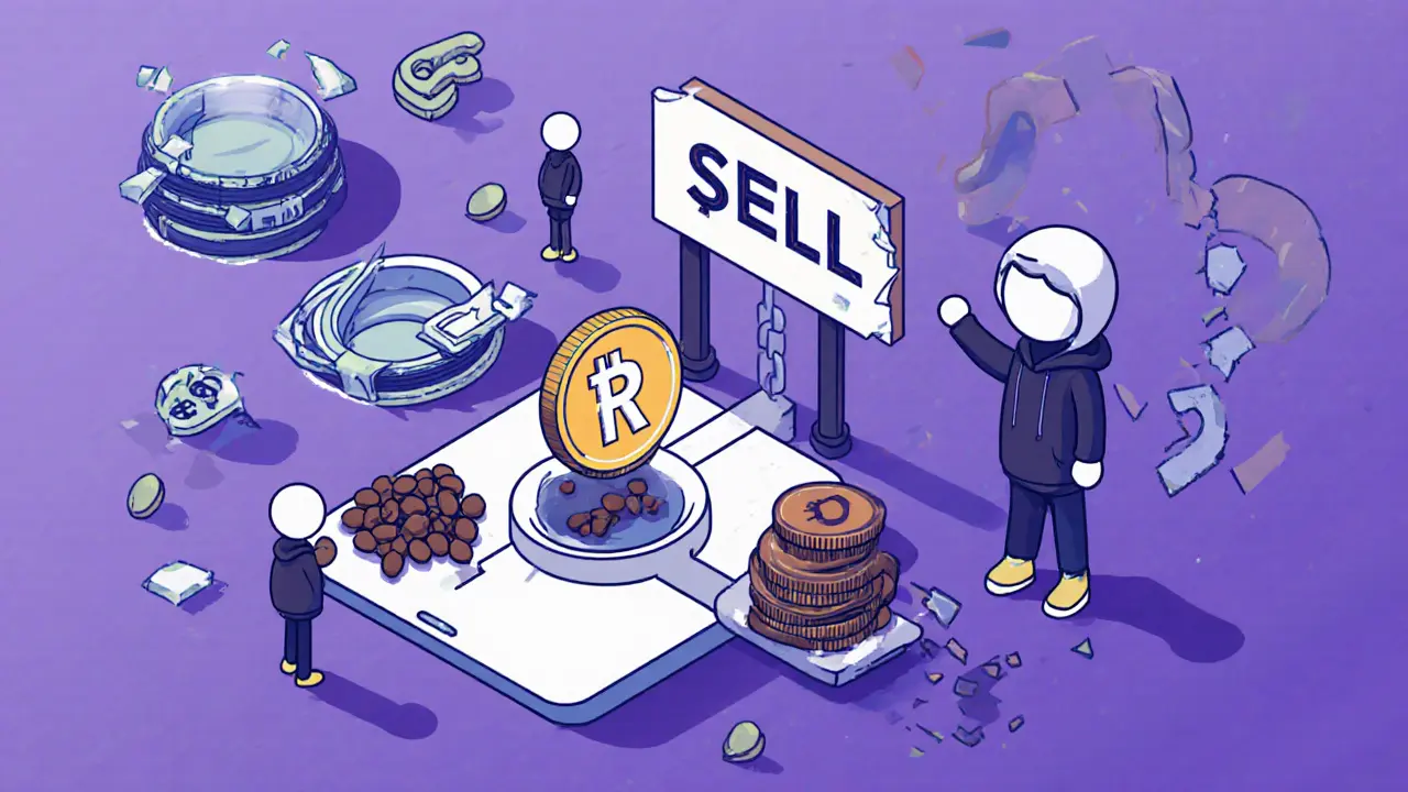 Токен RP1 на весах рядом с кофе и деньгами, 34 человека наблюдают.