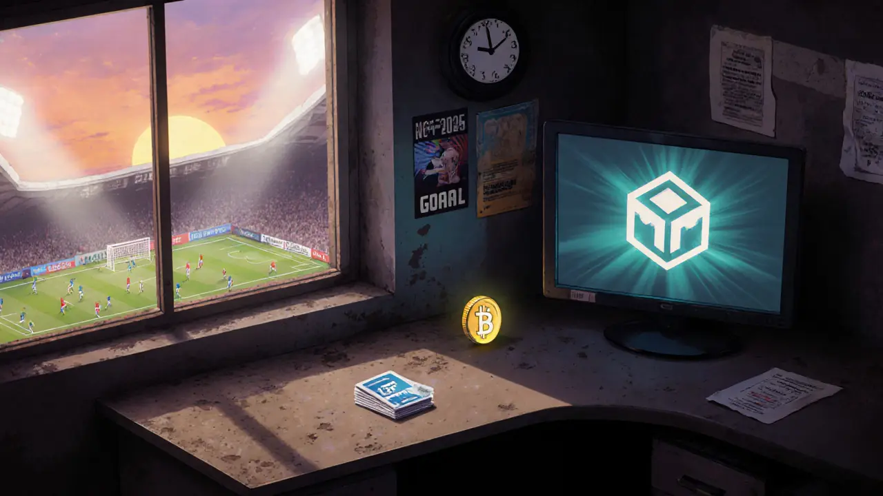 Заброшенная игровая станция TopGoal в 2025 году: одна NFT-карточка на столе, монитор выключен, вокруг — тишина и пыль.