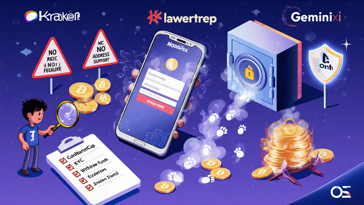 Жертва смотрит, как её монеты исчезают, а рядом — список безопасных практик и светящиеся легитимные биржи.