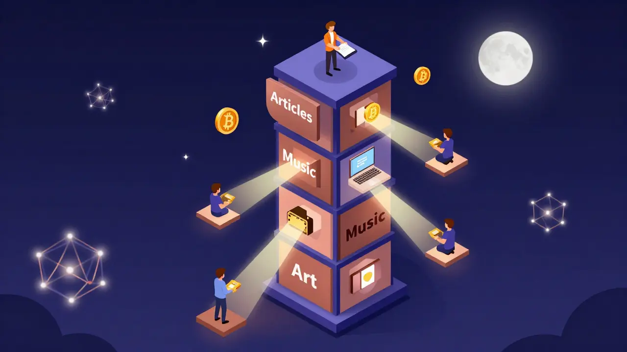 Башня цифрового контента с уровнями, открывающимися при оплате, и токенами частичного владения.