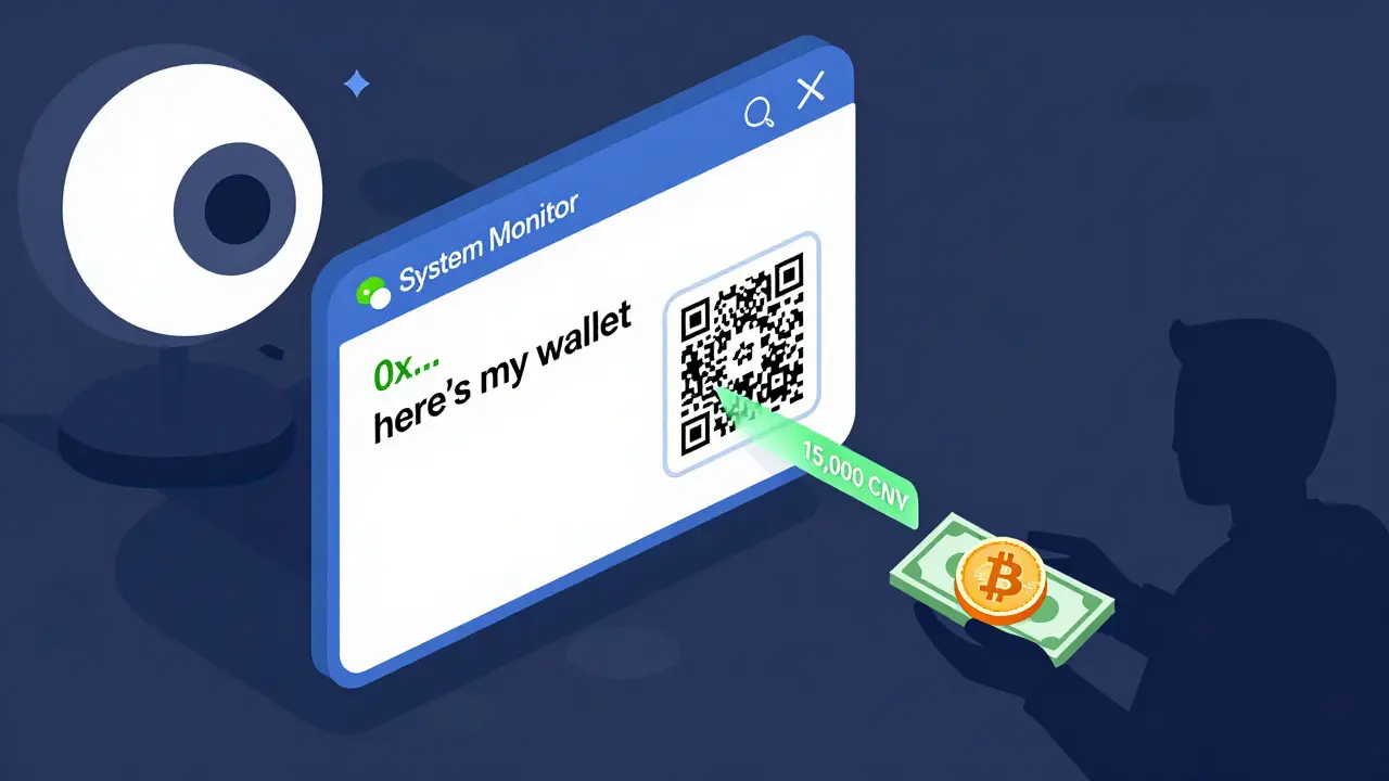 Чат WeChat с сообщением о кошельке и переводом юаней, скрывающим обмен на криптовалюту, под наблюдением системы мониторинга.