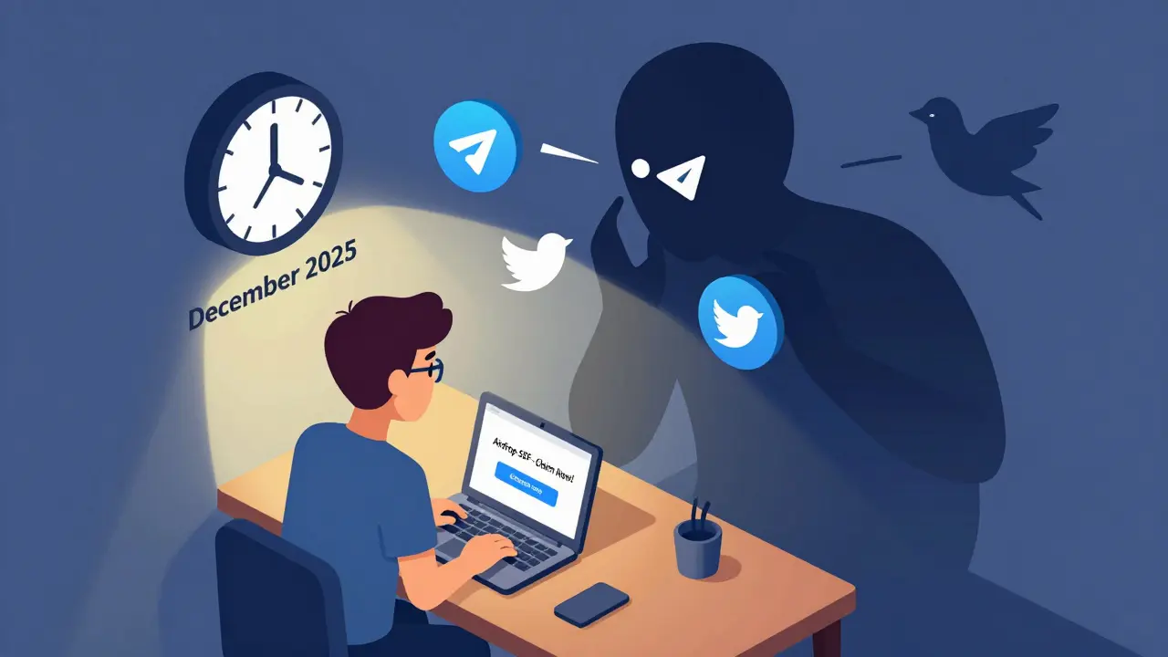 Человек смотрит на экран с ложным аирдропом, а за ним тени соцсетей шепчут обман.